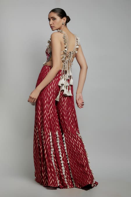 Shop Payal Singhal Maroon Georgette, Brocade Tassels Halter Florence Back Tie Up Choli With Sharara at Aza Fashions Shop_Payal Singhal_Maroon Georgette, Brocade Tassels Halter Florence Back Tie Up Choli With Sharara _at_Aza_Fashions