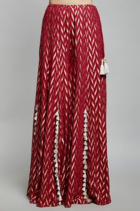 Payal Singhal Maroon Georgette, Brocade Tassels Halter Florence Back Tie Up Choli With Sharara Online at Aza Fashions Payal Singhal_Maroon Georgette, Brocade Tassels Halter Florence Back Tie Up Choli With Sharara _Online_at_Aza_Fashions