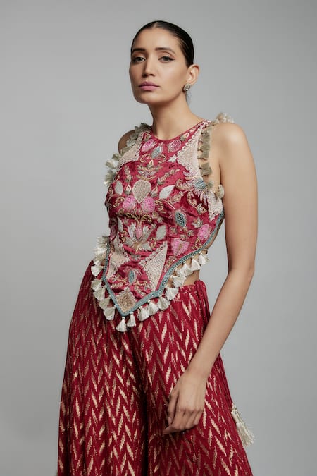 Buy Payal Singhal Maroon Georgette, Brocade Tassels Halter Florence Back Tie Up Choli With Sharara Online at Aza Fashions Buy_Payal Singhal_Maroon Georgette, Brocade Tassels Halter Florence Back Tie Up Choli With Sharara _Online_at_Aza_Fashions