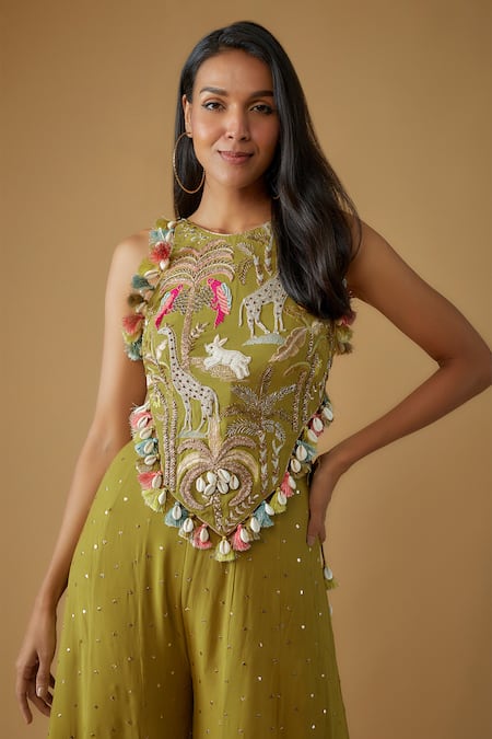 Buy_Payal Singhal_Green Georgette, Muslin Safari Embroidered Back Tie Up Choli With Sharara _Online_at_Aza_Fashions