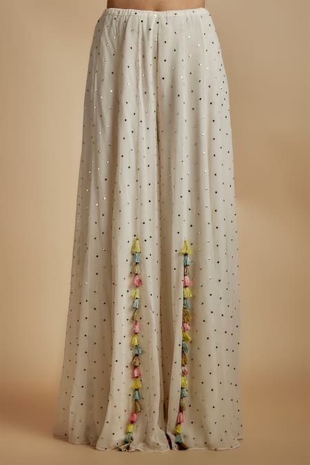 Payal Singhal_Ivory Georgette, Muslin Tassels, Jungle Wonder Back Tie Up Choli With Sharara _Online_at_Aza_Fashions