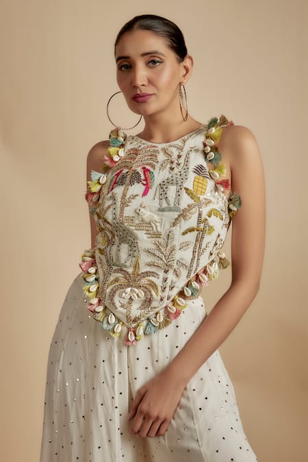 Buy_Payal Singhal_Ivory Georgette, Muslin Tassels, Jungle Wonder Back Tie Up Choli With Sharara _Online_at_Aza_Fashions