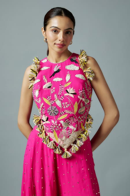 Buy_Payal Singhal_Pink Georgette, Muslin Bird Bloom Embroidered Back Tie Up Choli With Sharara _Online_at_Aza_Fashions