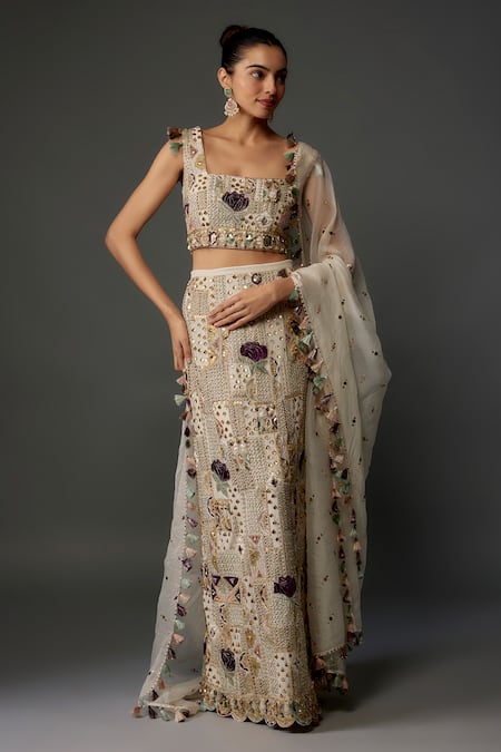 Payal Singhal Off White Georgette Embroidery Mukaish Square Neck Bahar Shamiyana Lehenga Set 