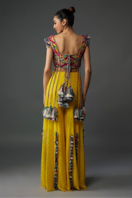 Shop_Payal Singhal_Yellow Georgette, Muslin Tassels, Mayan Bloom Embroidered Choli With Sharara _at_Aza_Fashions