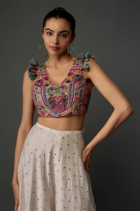 Payal Singhal_Off White Georgette, Silk Mirrors, Kutch Bloom Embroidered Choli With Sharara _Online_at_Aza_Fashions