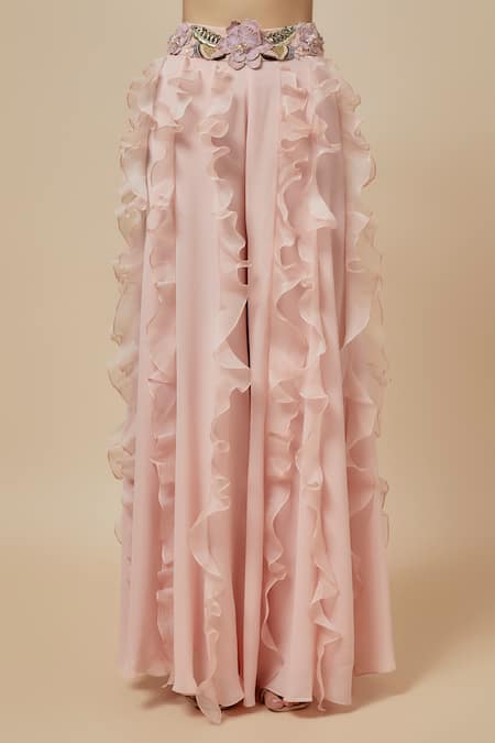 Payal Singhal_Pink Organza, Georgette Sequins, 3d Fiore Embroidered Choli With Ruffled Sharara _Online_at_Aza_Fashions