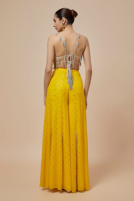Shop Payal Singhal Yellow Organza, Georgette Beads, Rosa Embroidered Back Tie Up Choli With Sharara at Aza Fashions Shop_Payal Singhal_Yellow Organza, Georgette Beads, Rosa Embroidered Back Tie Up Choli With Sharara _at_Aza_Fashions