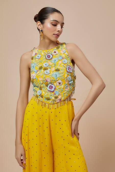 Buy Payal Singhal Yellow Organza, Georgette Beads, Rosa Embroidered Back Tie Up Choli With Sharara Online at Aza Fashions Buy_Payal Singhal_Yellow Organza, Georgette Beads, Rosa Embroidered Back Tie Up Choli With Sharara _Online_at_Aza_Fashions
