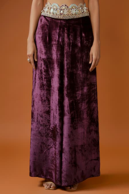 Payal Singhal_Purple Velvet, Georgette Beads, Sequins, Padma Scallop Jacket And Palazzo Set _Online_at_Aza_Fashions