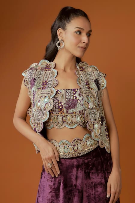 Buy_Payal Singhal_Purple Velvet, Georgette Beads, Sequins, Padma Scallop Jacket And Palazzo Set _Online_at_Aza_Fashions