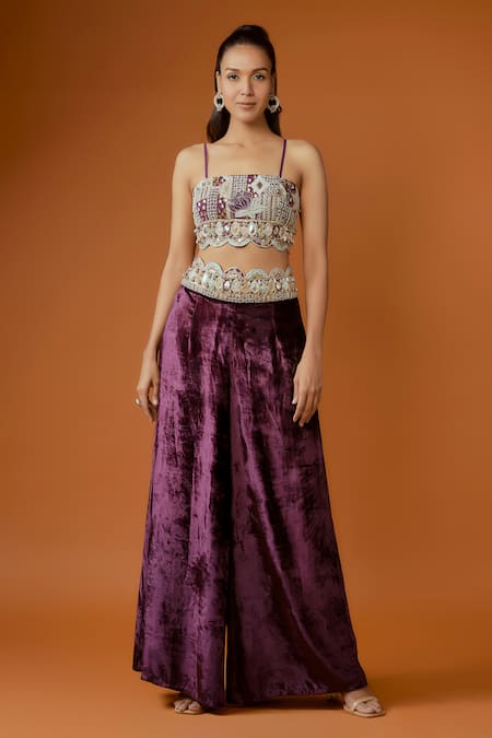 Shop_Payal Singhal_Purple Velvet, Georgette Beads, Sequins, Padma Scallop Jacket And Palazzo Set _Online_at_Aza_Fashions
