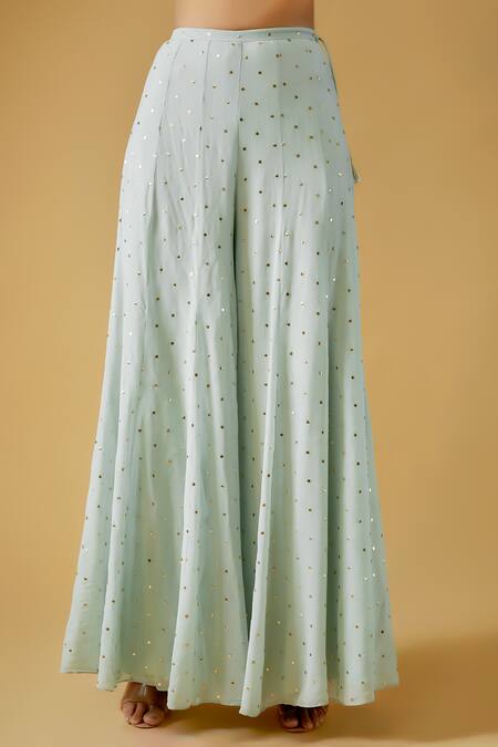 Payal Singhal_Blue Georgette, Organza, Muslin Embroidery, Floret Long Jacket And Sharara Set _Online_at_Aza_Fashions