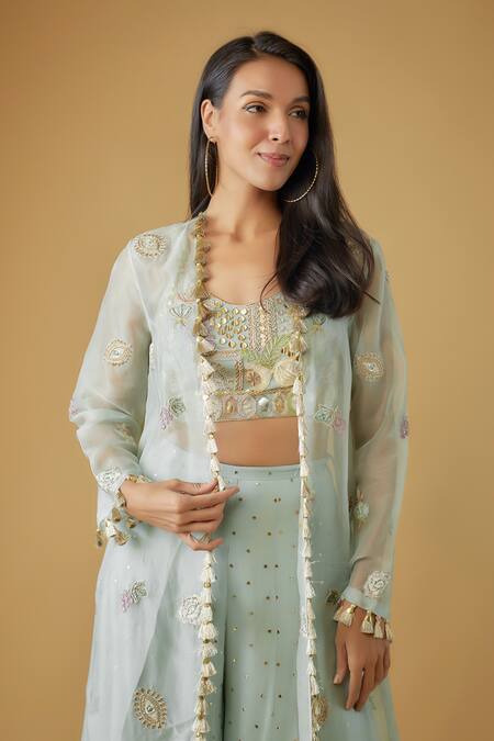 Buy_Payal Singhal_Blue Georgette, Organza, Muslin Embroidery, Floret Long Jacket And Sharara Set _Online_at_Aza_Fashions