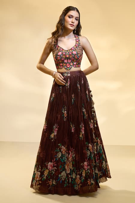Aariyana Couture_Brown Silk, Muslin, Net Embroidery, Sequins Floral Print Pleated Lehenga Set _Online_at_Aza_Fashions
