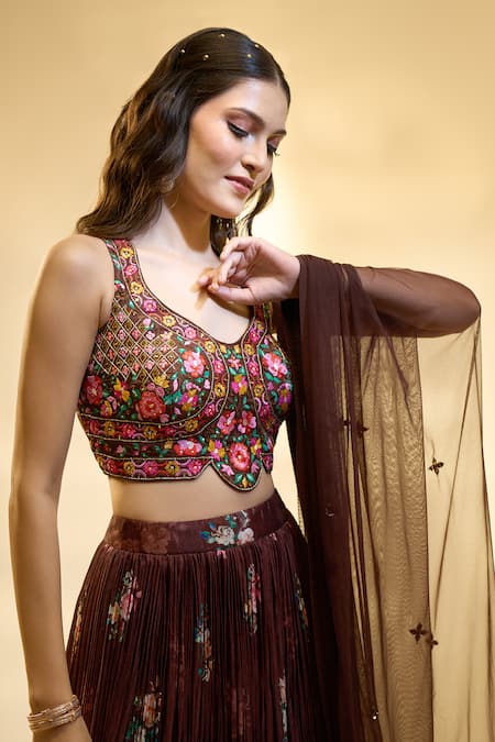 Buy_Aariyana Couture_Brown Silk, Muslin, Net Embroidery, Sequins Floral Print Pleated Lehenga Set _Online_at_Aza_Fashions