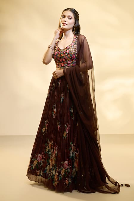 Shop_Aariyana Couture_Brown Silk, Muslin, Net Embroidery, Sequins Floral Print Pleated Lehenga Set 