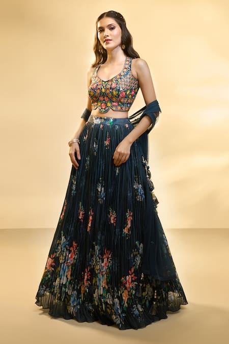 Shop Ariyana By Aza Emerald Green Silk, Net, Muslin Embroidery, Pleated Floral Print Lehenga Set Shop_Ariyana By Aza_Emerald Green Silk, Net, Muslin Embroidery, Pleated Floral Print Lehenga Set