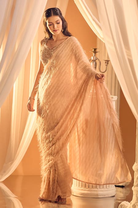 Shop Ariyana By Aza Peach Viscose, Net Sequins, Feathers Pre-draped Saree With Embroidered Blouse Shop_Ariyana By Aza_Peach Viscose, Net Sequins, Feathers Pre-draped Saree With Embroidered Blouse