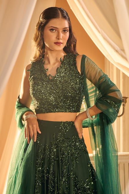 Aariyana Couture_Green Net Sequins V-neck Tropical Embroidered Lehenga Set _Online_at_Aza_Fashions