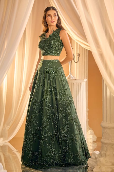 Buy_Aariyana Couture_Green Net Sequins V-neck Tropical Embroidered Lehenga Set _Online_at_Aza_Fashions