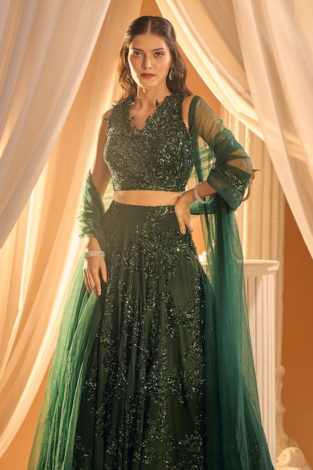 Shop_Aariyana Couture_Green Net Sequins V-neck Tropical Embroidered Lehenga Set 