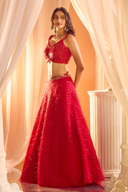 Aariyana Couture Red Viscose, Net Sequins, Feathers Scoop Neck Lehenga And Embellished Blouse Set Online at Aza Fashions Aariyana Couture_Red Viscose, Net Sequins, Feathers Scoop Neck Lehenga And Embellished Blouse Set _Online_at_Aza_Fashions