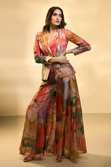 Aariyana Couture Floral Print Blazer & Flared Pant Set 