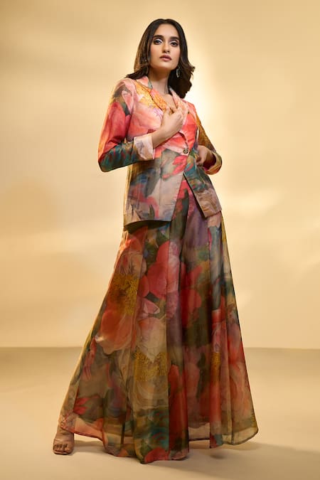 Aariyana Couture_Multi Color Tissue Sequins Floral Print Blazer And Flared Pant Set _Online_at_Aza_Fashions