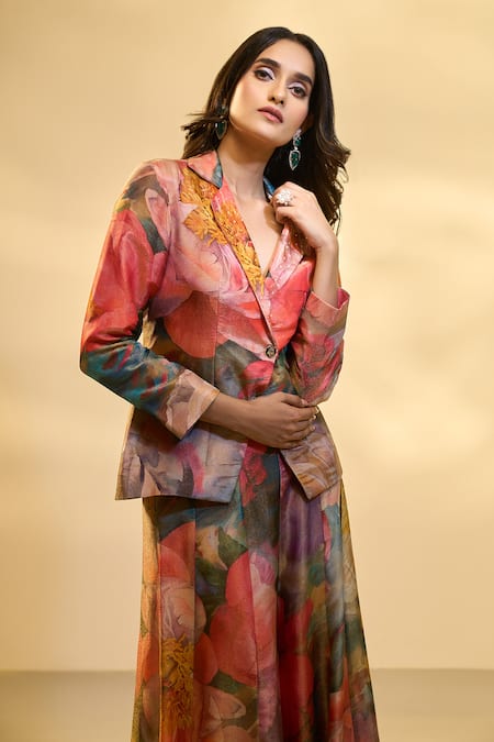 Buy_Aariyana Couture_Multi Color Tissue Sequins Floral Print Blazer And Flared Pant Set _Online_at_Aza_Fashions