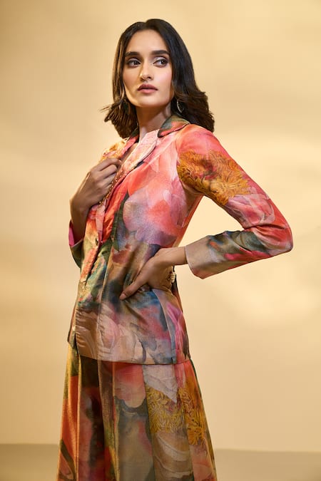 Shop_Aariyana Couture_Multi Color Tissue Sequins Floral Print Blazer And Flared Pant Set _Online_at_Aza_Fashions