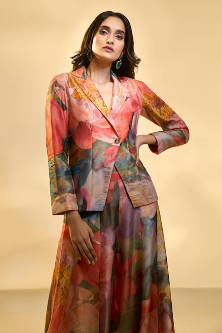 Aariyana Couture_Multi Color Tissue Sequins Floral Print Blazer And Flared Pant Set _at_Aza_Fashions