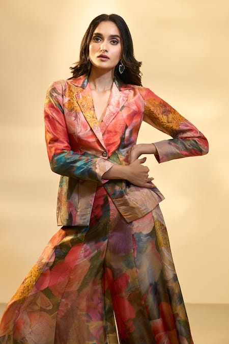 Shop_Aariyana Couture_Multi Color Tissue Sequins Floral Print Blazer And Flared Pant Set 