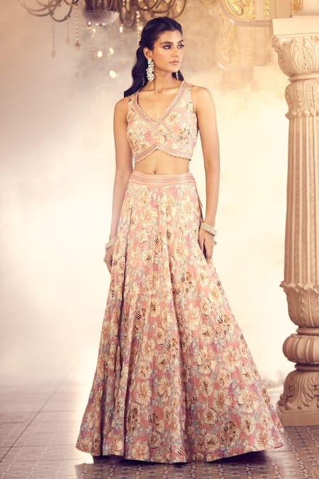 Shop_Aariyana Couture_Orange Silk Embroidery, Tassels Asymmetric Floral Print Lehenga Set _Online_at_Aza_Fashions