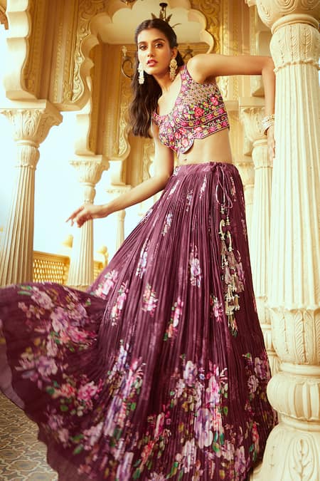 Aariyana Couture_Wine Silk, Muslin, Net Embroidery V-neck Pleated And Printed Lehenga Set _Online_at_Aza_Fashions