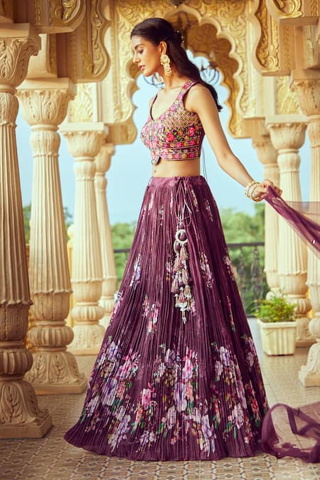 Buy_Aariyana Couture_Wine Silk, Muslin, Net Embroidery V-neck Pleated And Printed Lehenga Set _Online_at_Aza_Fashions