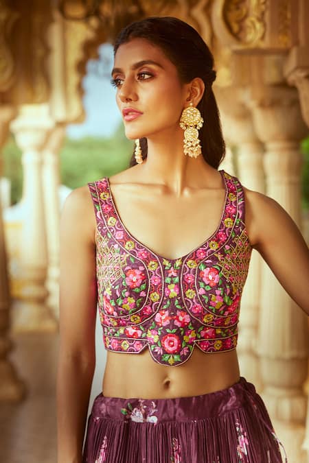 Shop_Aariyana Couture_Wine Silk, Muslin, Net Embroidery V-neck Pleated And Printed Lehenga Set _Online_at_Aza_Fashions