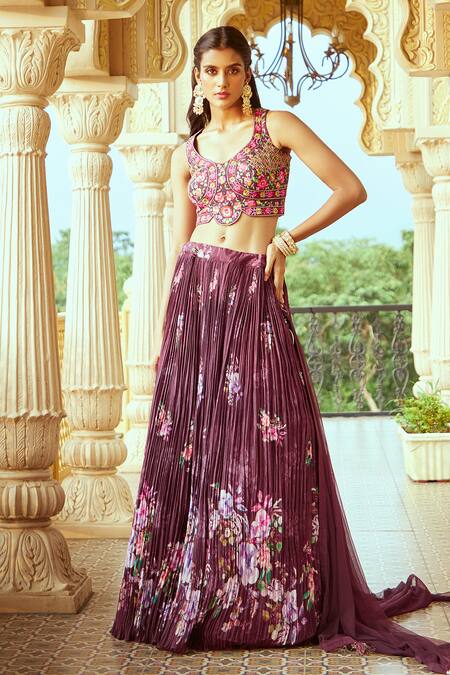 Shop_Aariyana Couture_Wine Silk, Muslin, Net Embroidery V-neck Pleated And Printed Lehenga Set 