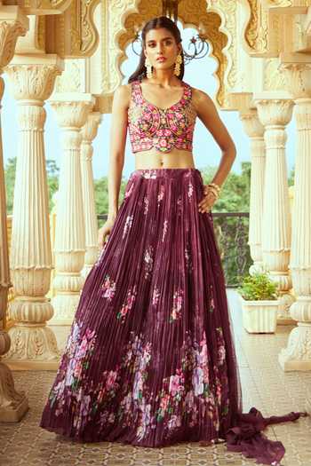 Shop_Aariyana Couture_Wine Silk, Muslin, Net Embroidery V-neck Pleated And Printed Lehenga Set 