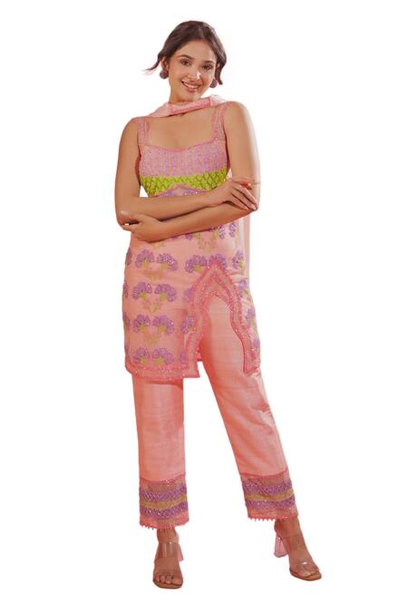 Buy_Tuhina Srivastava_Pink Silk Organza, Chiffon, Silk, Tulle Cut Work, Floral Resham Kurta Pant Set 