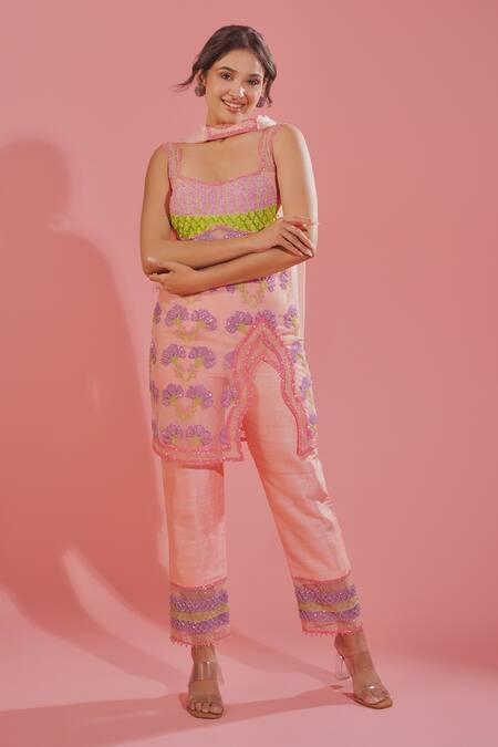 Shop_Tuhina Srivastava_Pink Silk Organza, Chiffon, Silk, Tulle Cut Work, Floral Resham Kurta Pant Set 