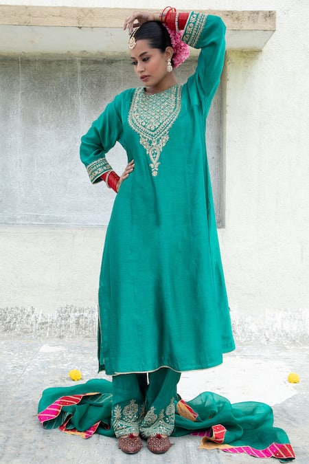 Pants and Pajamas Silk Chanderi Geometric Yoke Embroidered Kurta 