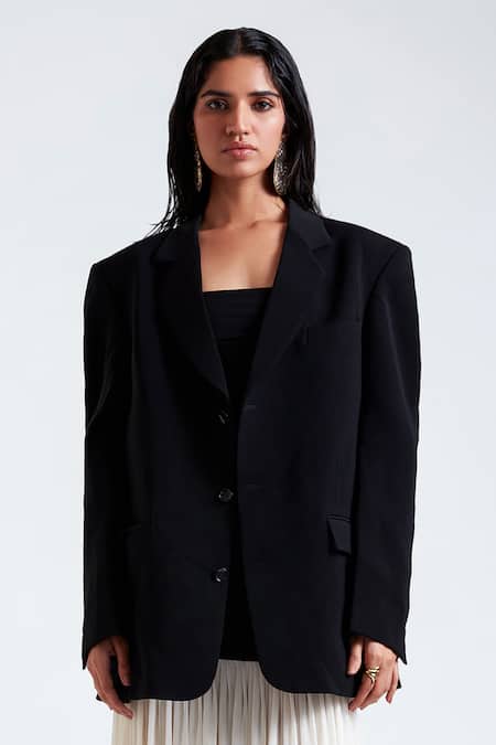 Shop_Deme By Gabriella_Black Maheshwari, Net Square Neck Luna Pleated Color Block Dress _at_Aza_Fashions