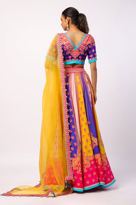 Shop_Swati Vijaivargie_Multi Color Silk, Organza Beads, Sequins V-neck Vaani Floral Print Lehenga Set _at_Aza_Fashions
