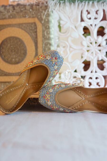 Amaryllis For Her_Blue Sequin Hazel Bloom Jaal Embroidered Juttis_Online_at_Aza_Fashions