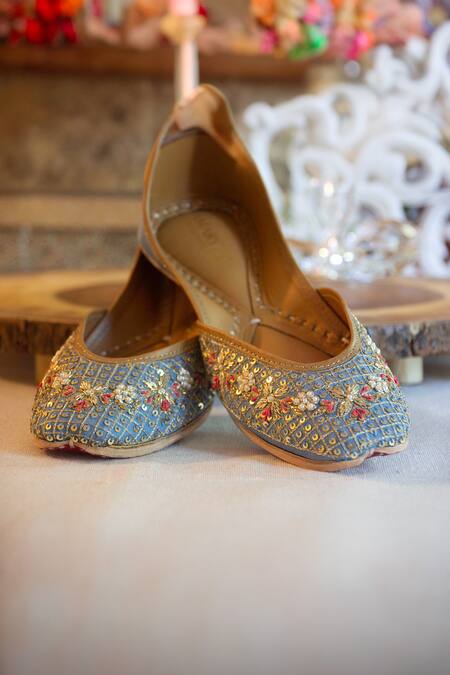 Shop_Amaryllis For Her_Blue Sequin Hazel Bloom Jaal Embroidered Juttis_Online_at_Aza_Fashions