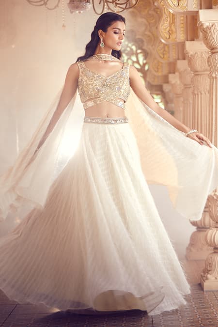 Buy_Aariyana Couture_Ivory Net, Viscose Cut Work, Sequins, Feathers Lehenga Embroidered Blouse Set _Online_at_Aza_Fashions