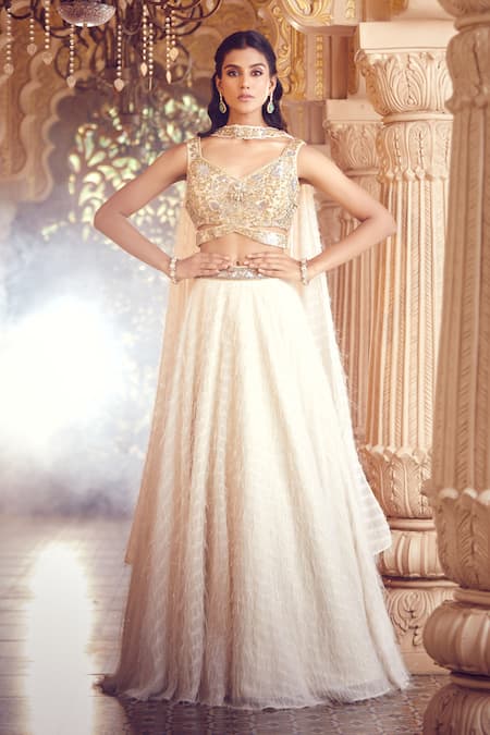 Buy_Aariyana Couture_Ivory Net, Viscose Cut Work, Sequins, Feathers Lehenga Embroidered Blouse Set 