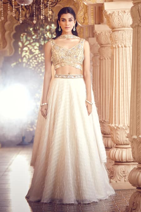 Shop_Aariyana Couture_Ivory Net, Viscose Cut Work, Sequins, Feathers Lehenga Embroidered Blouse Set 