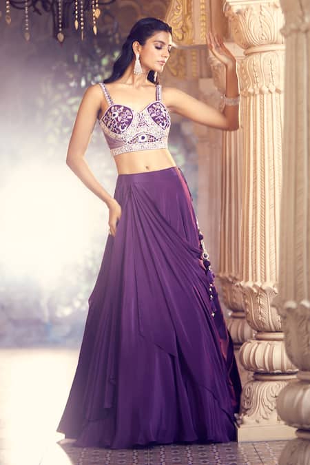 Buy Aariyana Couture Purple Net Tassels, Embroidery Sweetheart Neck Draped Lehenga With Blouse Online at Aza Fashions Buy_Aariyana Couture_Purple Net Tassels, Embroidery Sweetheart Neck Draped Lehenga With Blouse _Online_at_Aza_Fashions